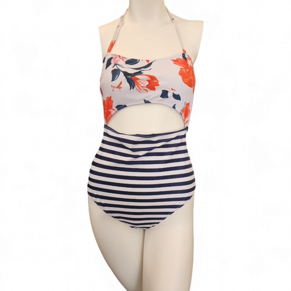 Cupshe striped and floral cutout one-piece swimsuit size large navy white orange